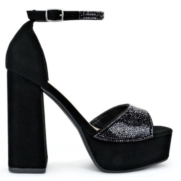 Delicious Aces Black Metallic Glitter Embellished Ankle Strap Platform Heels - Picture 2 of 3